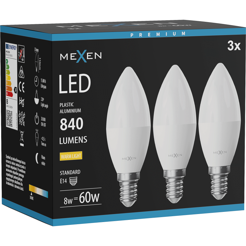 Mexen Nova 3x żarówka LED E14, C37, 8W, Ciepła - 3000K, 840 lm - L102-E14-0830-01x03