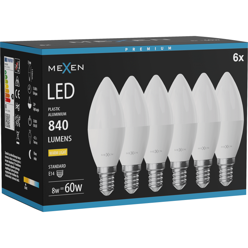Mexen Nova 6x żarówka LED E14, C37, 8W, Ciepła - 3000K, 840 lm - L102-E14-0830-01x06