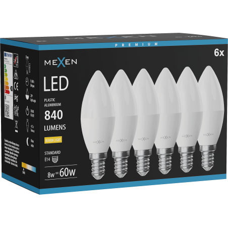 Mexen Nova 6x żarówka LED E14, C37, 8W, Ciepła - 3000K, 840 lm - L102-E14-0830-01x06