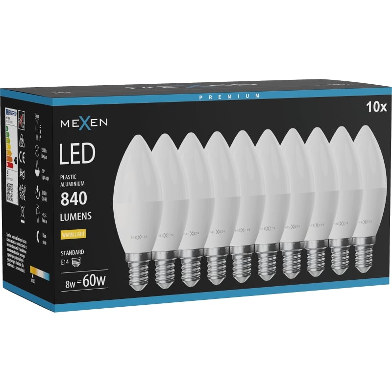Mexen Nova 10x żarówka LED E14, C37, 8W, Ciepła - 3000K, 840 lm - L102-E14-0830-01x10