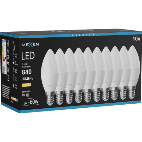 Mexen Nova 10x żarówka LED E14, C37, 8W, Ciepła - 3000K, 840 lm - L102-E14-0830-01x10