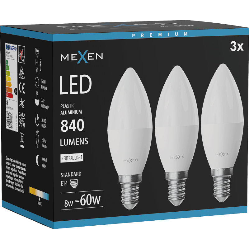 Mexen Nova 3x żarówka LED E14, C37, 8W, Neutralna - 4000K, 840 lm - L102-E14-0840-01x03