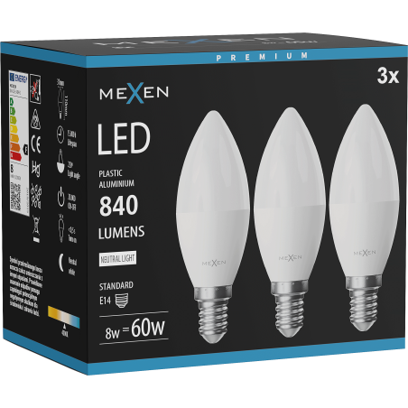 Mexen Nova 3x żarówka LED E14, C37, 8W, Neutralna - 4000K, 840 lm - L102-E14-0840-01x03