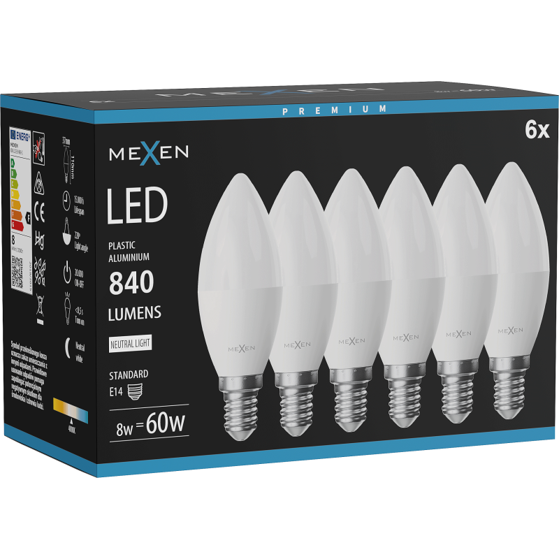 Mexen Nova 6x żarówka LED E14, C37, 8W, Neutralna - 4000K, 840 lm - L102-E14-0840-01x06