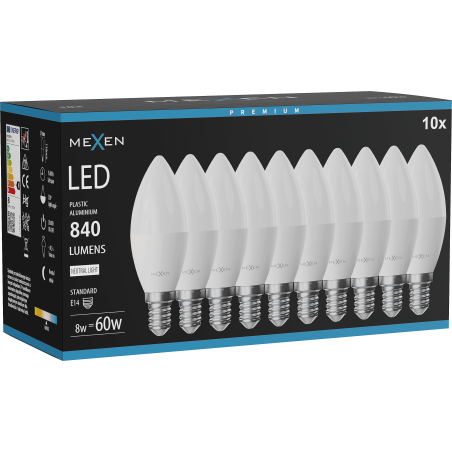 Mexen Nova 10x żarówka LED E14, C37, 8W, Neutralna - 4000K, 840 lm - L102-E14-0840-01x10