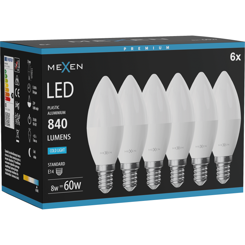 Mexen Nova 6x żarówka LED E14, C37, 8W, Zimna - 6500K, 840 lm - L102-E14-0865-01x06