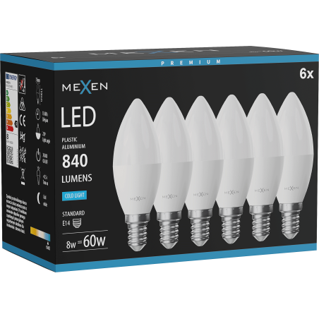 Mexen Nova 6x żarówka LED E14, C37, 8W, Zimna - 6500K, 840 lm - L102-E14-0865-01x06