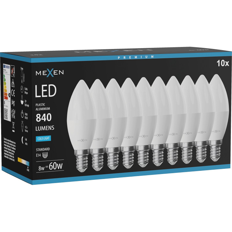 Mexen Nova 10x żarówka LED E14, C37, 8W, Zimna - 6500K, 840 lm - L102-E14-0865-01x10