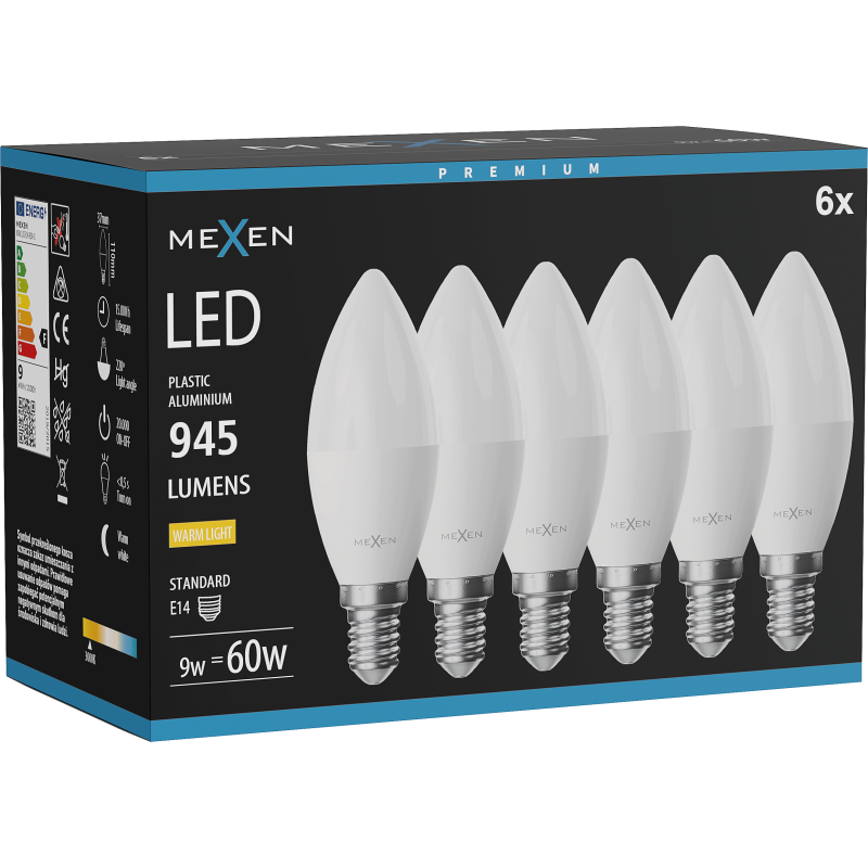 Mexen Nova 6x żarówka LED E14, C37, 9W, Ciepła - 3000K, 945 lm - L102-E14-0930-01x06