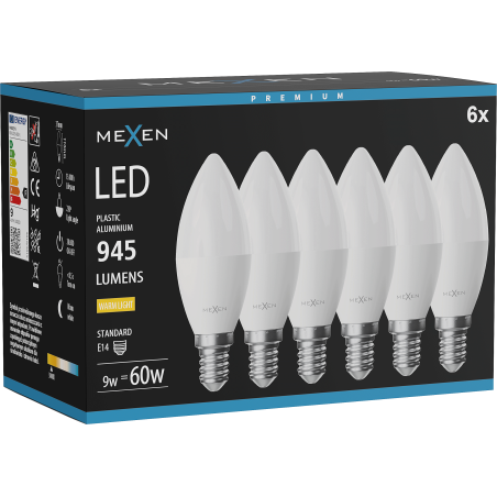 Mexen Nova 6x żarówka LED E14, C37, 9W, Ciepła - 3000K, 945 lm - L102-E14-0930-01x06