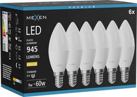 Mexen Nova 6x żarówka LED E14, C37, 9W, Ciepła - 3000K, 945 lm - L102-E14-0930-01x06