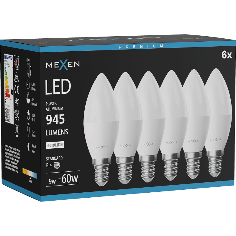 Mexen Nova 6x żarówka LED E14, C37, 9W, Neutralna - 4000K, 945 lm - L102-E14-0940-01x06