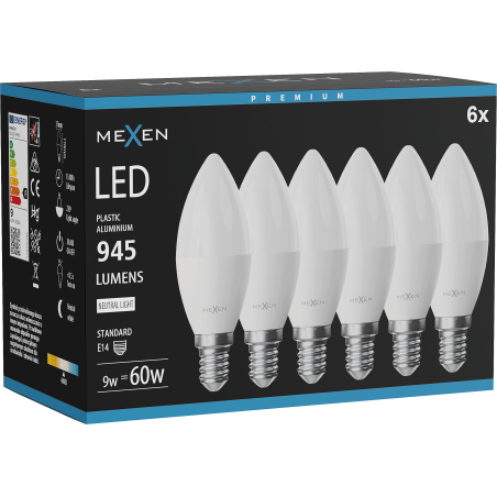 Mexen Nova 6x żarówka LED E14, C37, 9W, Neutralna - 4000K, 945 lm - L102-E14-0940-01x06