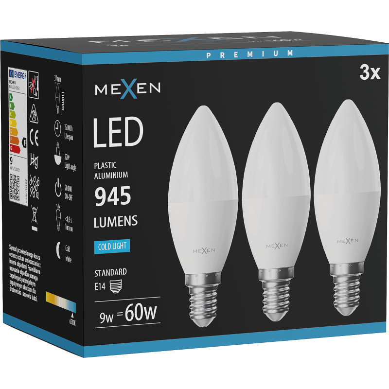 Mexen Nova 3x żarówka LED E14, C37, 9W, Zimna - 6500K, 945 lm - L102-E14-0965-01x03