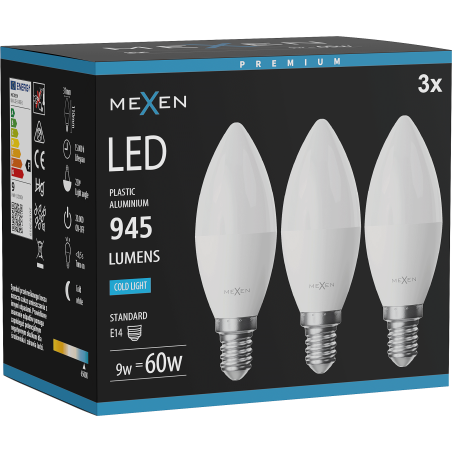 Mexen Nova 3x żarówka LED E14, C37, 9W, Zimna - 6500K, 945 lm - L102-E14-0965-01x03