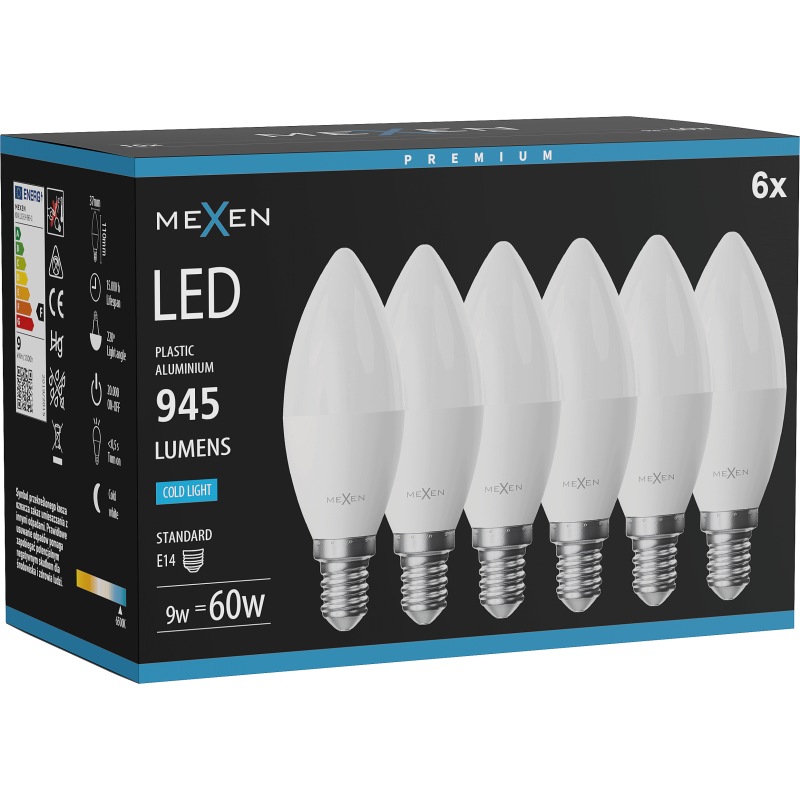 Mexen Nova 6x żarówka LED E14, C37, 9W, Zimna - 6500K, 945 lm - L102-E14-0965-01x06