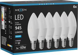 Mexen Nova 6x żarówka LED E14, C37, 9W, Zimna - 6500K, 945 lm - L102-E14-0965-01x06