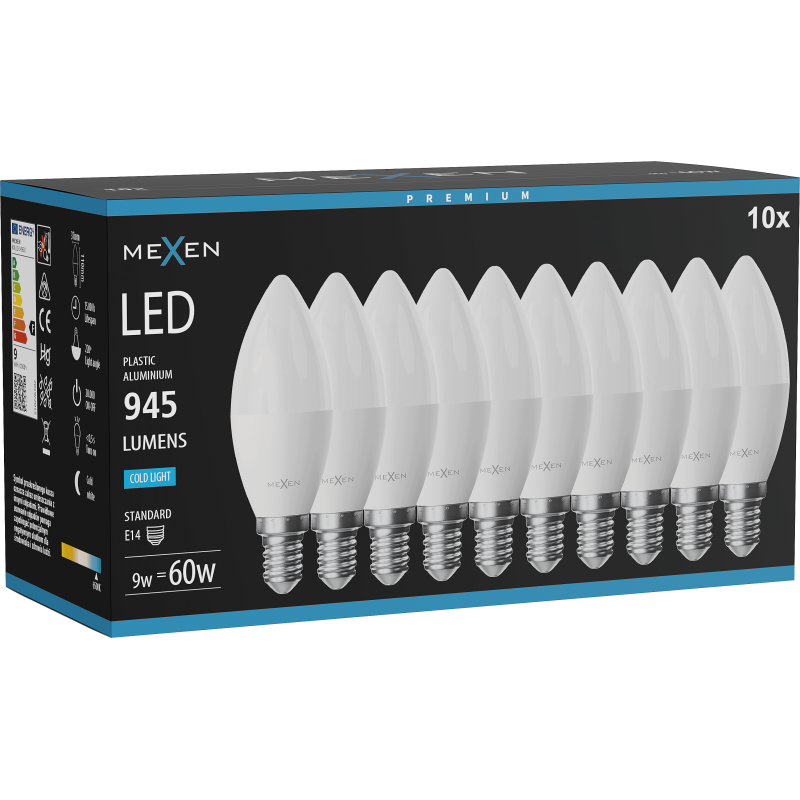 Mexen Nova 10x żarówka LED E14, C37, 9W, Zimna - 6500K, 945 lm - L102-E14-0965-01x10