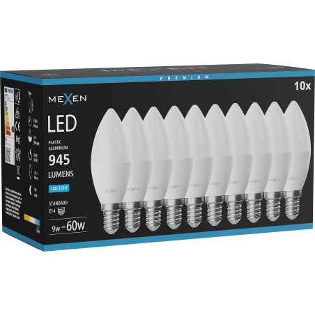 Mexen Nova 10x żarówka LED E14, C37, 9W, Zimna - 6500K, 945 lm - L102-E14-0965-01x10