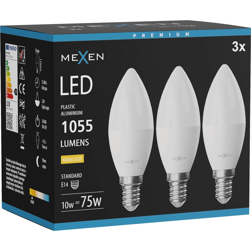 Mexen Nova 3x żarówka LED E14, C37, 10W, Ciepła - 3000K, 1055 lm - L102-E14-1030-01x03