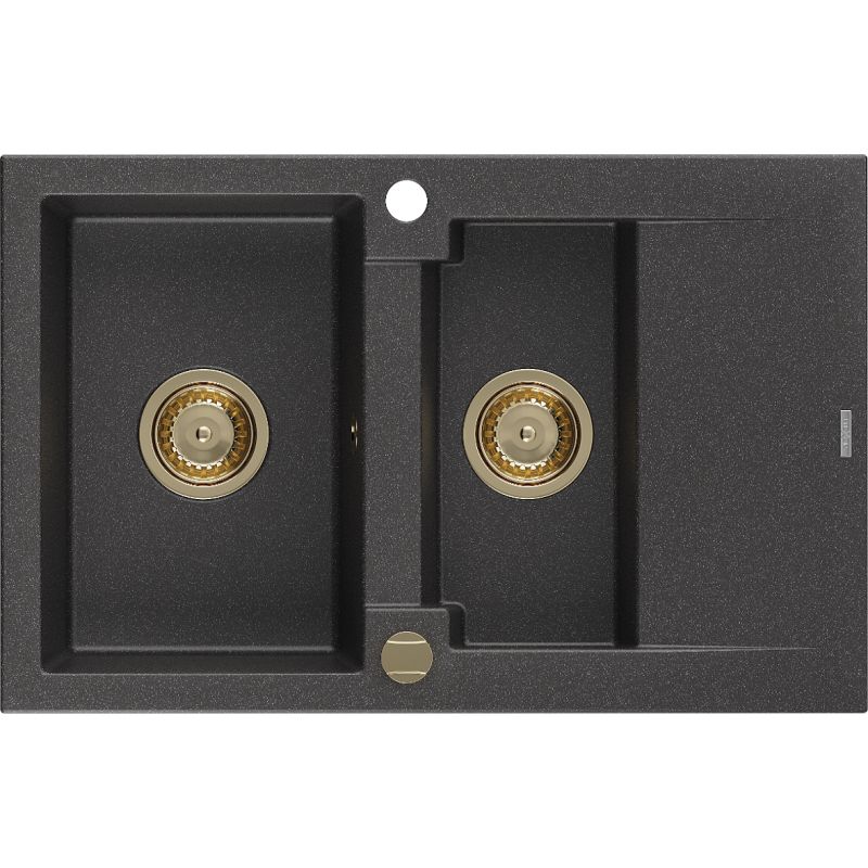 Mexen Gaspar zlewozmywak granitowy 1,5-komorowy z ociekaczem 737 x 475 mm, czarny nakrapiany, syfon złoty - 6507731505-76-G