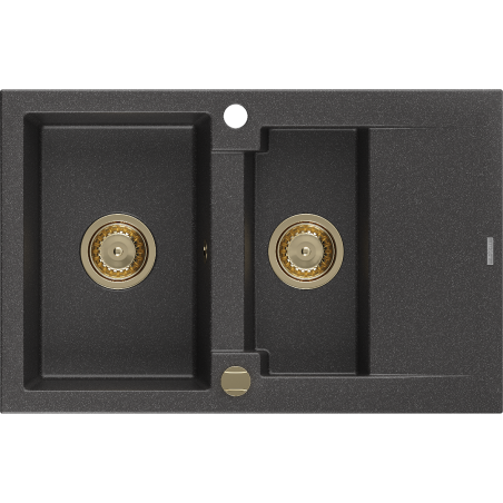 Mexen Gaspar zlewozmywak granitowy 1,5-komorowy z ociekaczem 737 x 475 mm, czarny nakrapiany, syfon złoty - 6507731505-76-G