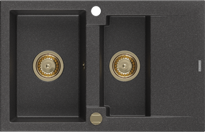 Mexen Gaspar zlewozmywak granitowy 1,5-komorowy z ociekaczem 737 x 475 mm, czarny nakrapiany, syfon złoty - 6507731505-76-G
