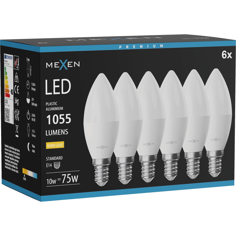 Mexen Nova 6x żarówka LED E14, C37, 10W, Ciepła - 3000K, 1055 lm - L102-E14-1030-01x06