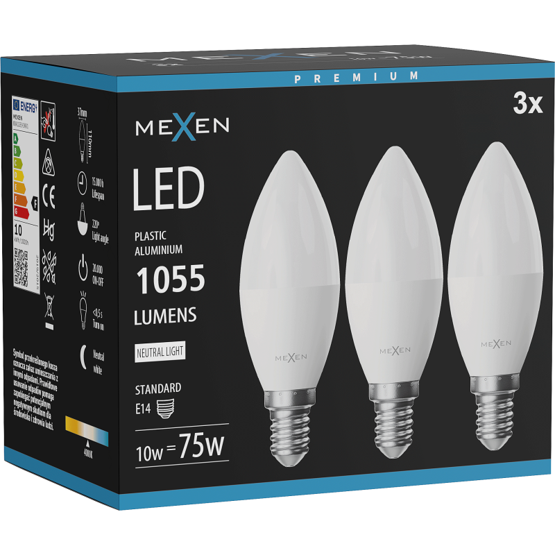 Mexen Nova 3x żarówka LED E14, C37, 10W, Neutralna - 4000K, 1055 lm - L102-E14-1040-01x03