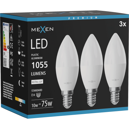 Mexen Nova 3x żarówka LED E14, C37, 10W, Neutralna - 4000K, 1055 lm - L102-E14-1040-01x03