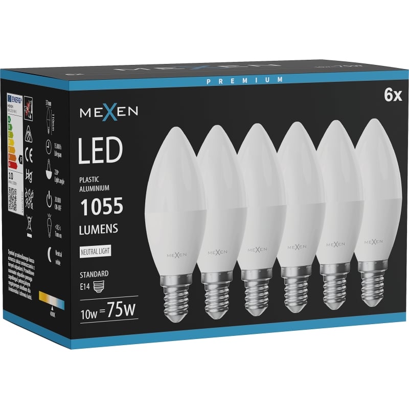 Mexen Nova 6x żarówka LED E14, C37, 10W, Neutralna - 4000K, 1055 lm - L102-E14-1040-01x06