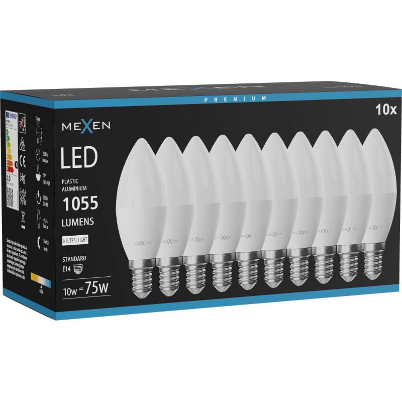 Mexen Nova 10x żarówka LED E14, C37, 10W, Neutralna - 4000K, 1055 lm - L102-E14-1040-01x10