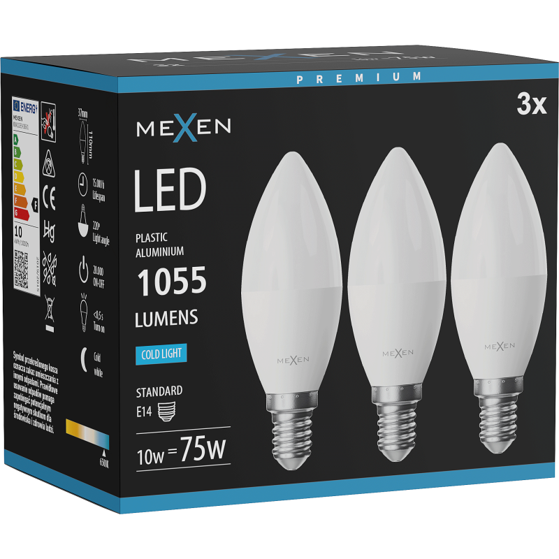 Mexen Nova 3x żarówka LED E14, C37, 10W, Zimna - 6500K, 1055 lm - L102-E14-1065-01x03