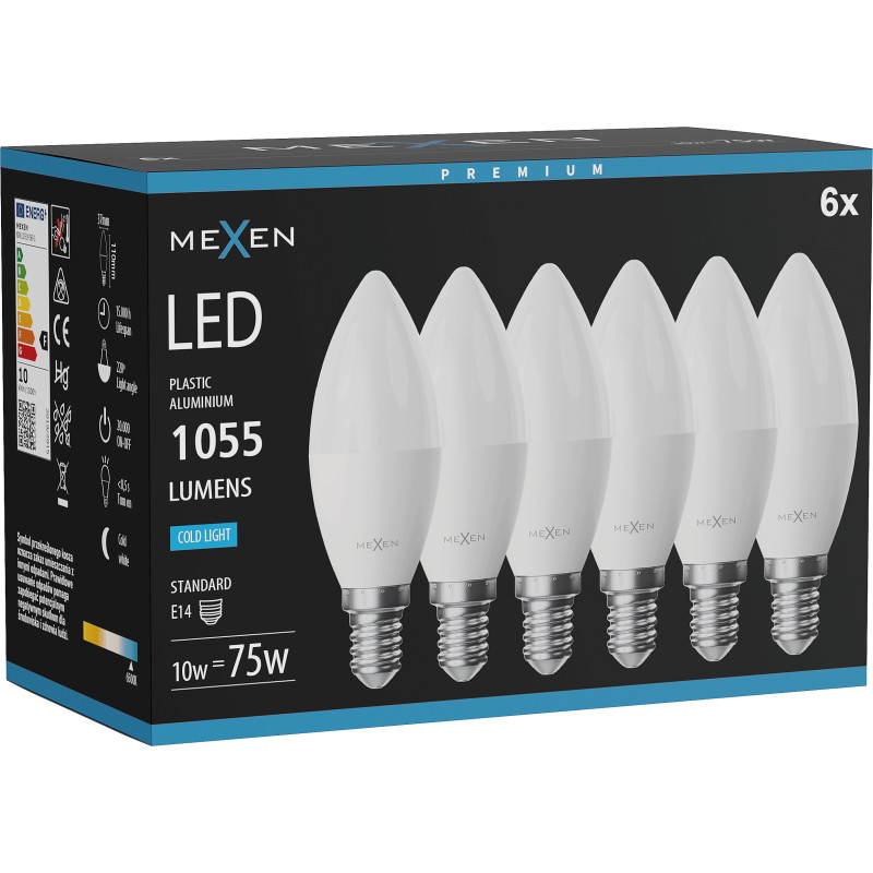 Mexen Nova 6x żarówka LED E14, C37, 10W, Zimna - 6500K, 1055 lm - L102-E14-1065-01x06