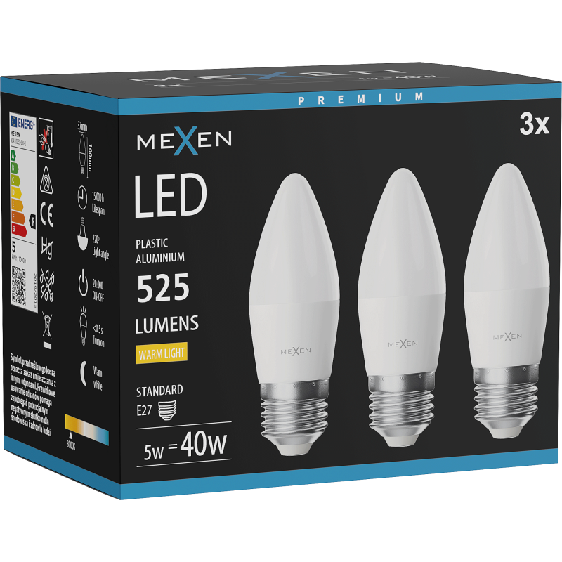 Mexen Nova 3x żarówka LED E27, C37, 5W, Ciepła - 3000K, 525 lm - L102-E27-0530-01x03