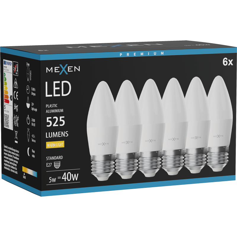 Mexen Nova 6x żarówka LED E27, C37, 5W, Ciepła - 3000K, 525 lm - L102-E27-0530-01x06