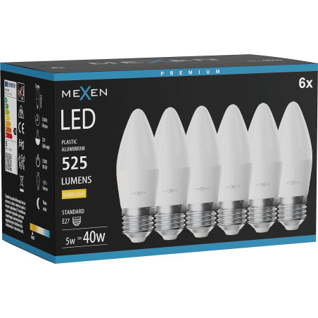 Mexen Nova 6x żarówka LED E27, C37, 5W, Ciepła - 3000K, 525 lm - L102-E27-0530-01x06