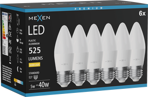 Mexen Nova 6x żarówka LED E27, C37, 5W, Ciepła - 3000K, 525 lm - L102-E27-0530-01x06