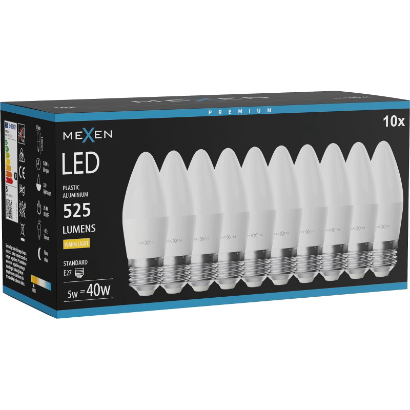 Mexen Nova 10x żarówka LED E27, C37, 5W, Ciepła - 3000K, 525 lm - L102-E27-0530-01x10