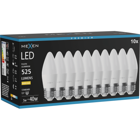 Mexen Nova 10x żarówka LED E27, C37, 5W, Ciepła - 3000K, 525 lm - L102-E27-0530-01x10
