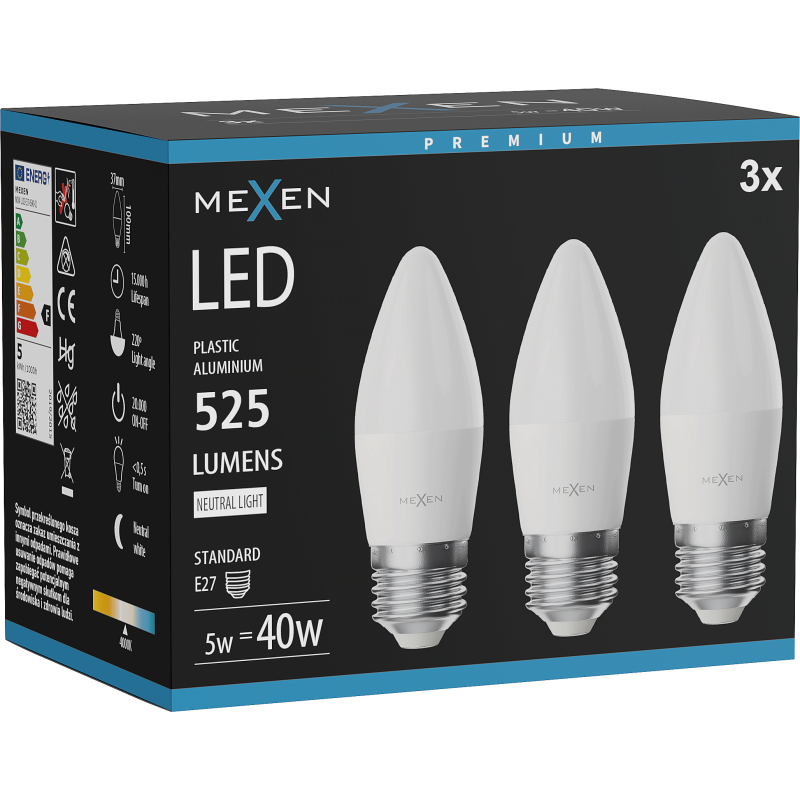 Mexen Nova 3x żarówka LED E27, C37, 5W, Neutralna - 4000K, 525 lm - L102-E27-0540-01x03