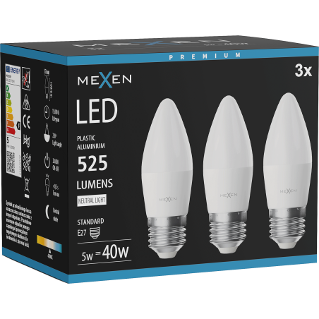 Mexen Nova 3x żarówka LED E27, C37, 5W, Neutralna - 4000K, 525 lm - L102-E27-0540-01x03