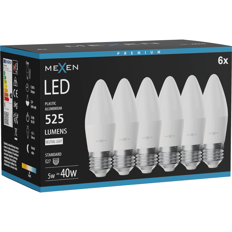Mexen Nova 6x żarówka LED E27, C37, 5W, Neutralna - 4000K, 525 lm - L102-E27-0540-01x06