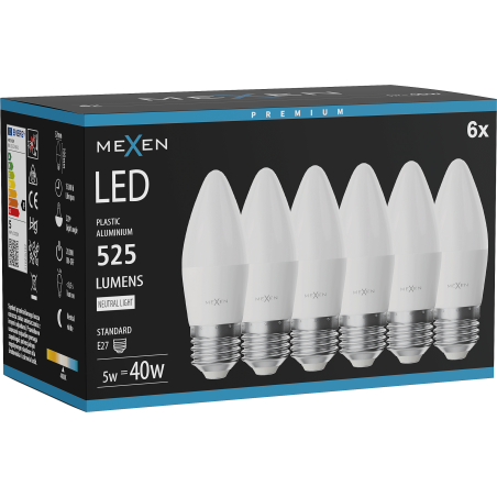 Mexen Nova 6x żarówka LED E27, C37, 5W, Neutralna - 4000K, 525 lm - L102-E27-0540-01x06