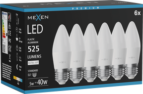 Mexen Nova 6x żarówka LED E27, C37, 5W, Neutralna - 4000K, 525 lm - L102-E27-0540-01x06