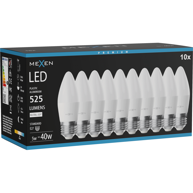 Mexen Nova 10x żarówka LED E27, C37, 5W, Neutralna - 4000K, 525 lm - L102-E27-0540-01x10