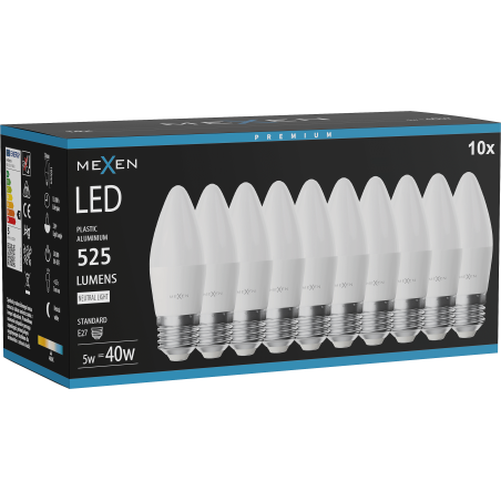 Mexen Nova 10x żarówka LED E27, C37, 5W, Neutralna - 4000K, 525 lm - L102-E27-0540-01x10