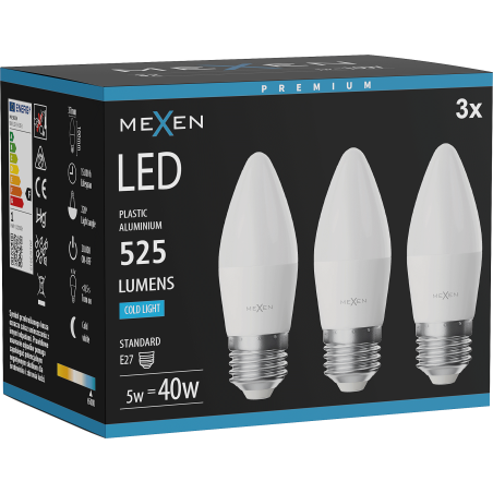 Mexen Nova 3x żarówka LED E27, C37, 5W, Zimna - 6500K, 525 lm - L102-E27-0565-01x03
