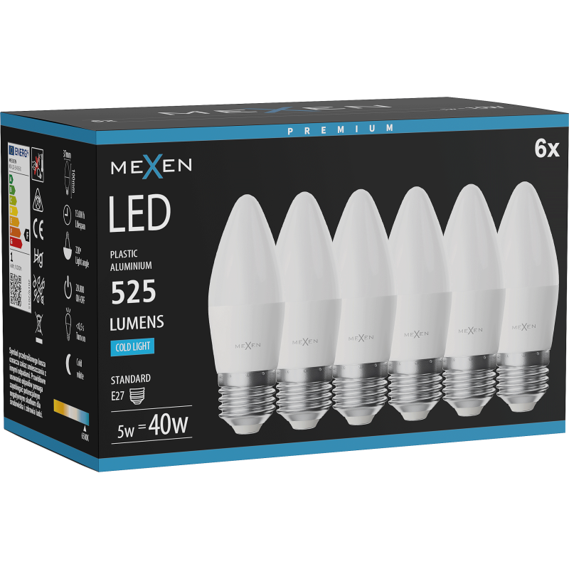 Mexen Nova 6x żarówka LED E27, C37, 5W, Zimna - 6500K, 525 lm - L102-E27-0565-01x06