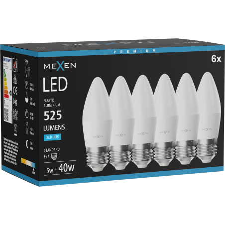 Mexen Nova 6x żarówka LED E27, C37, 5W, Zimna - 6500K, 525 lm - L102-E27-0565-01x06